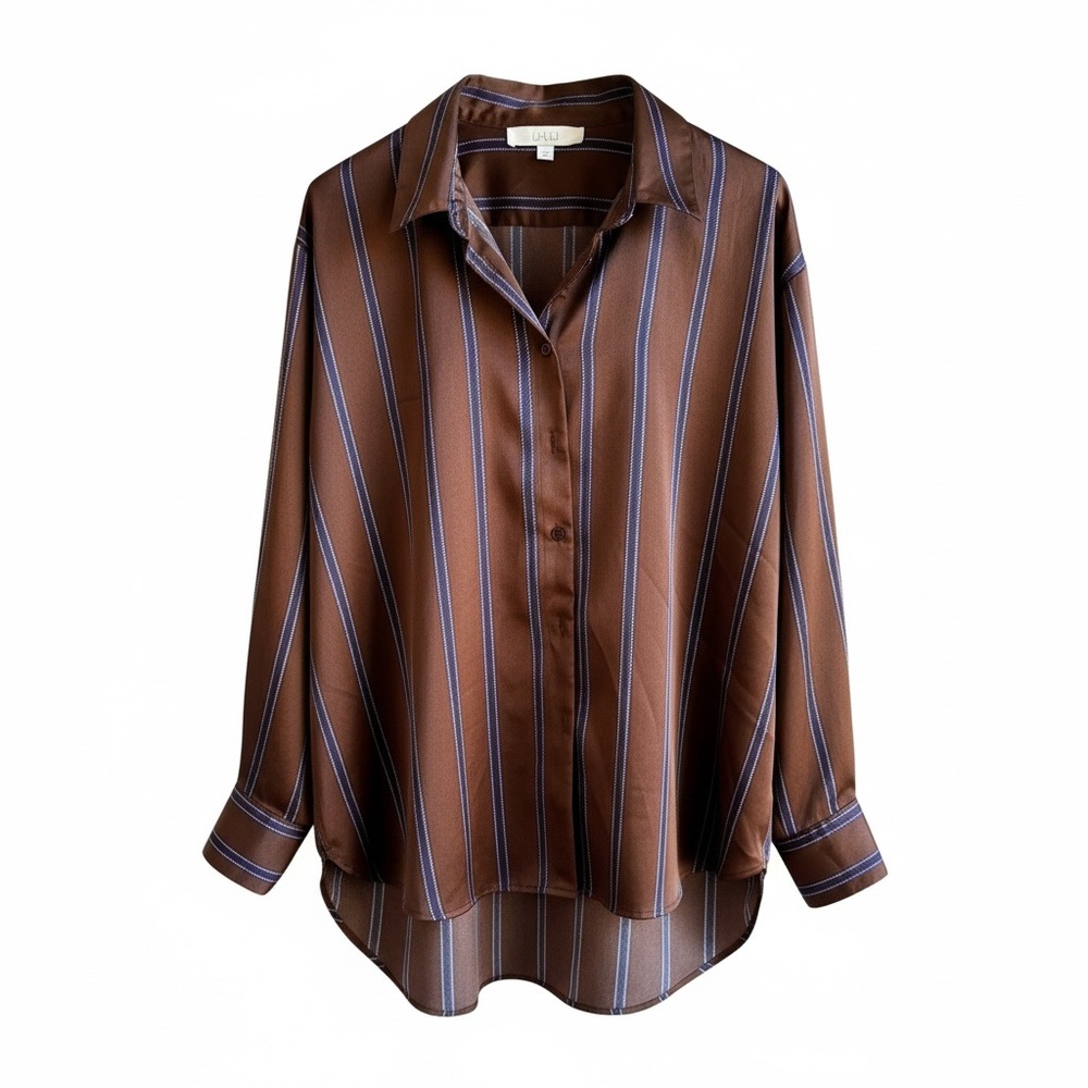 LOFT Striped Button Down Blouse Women’s Medium Brown Blue Work Top